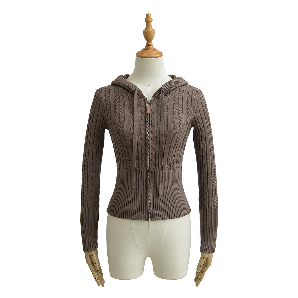 BELLA KNIT ZIP UP HOODIE - BROWN