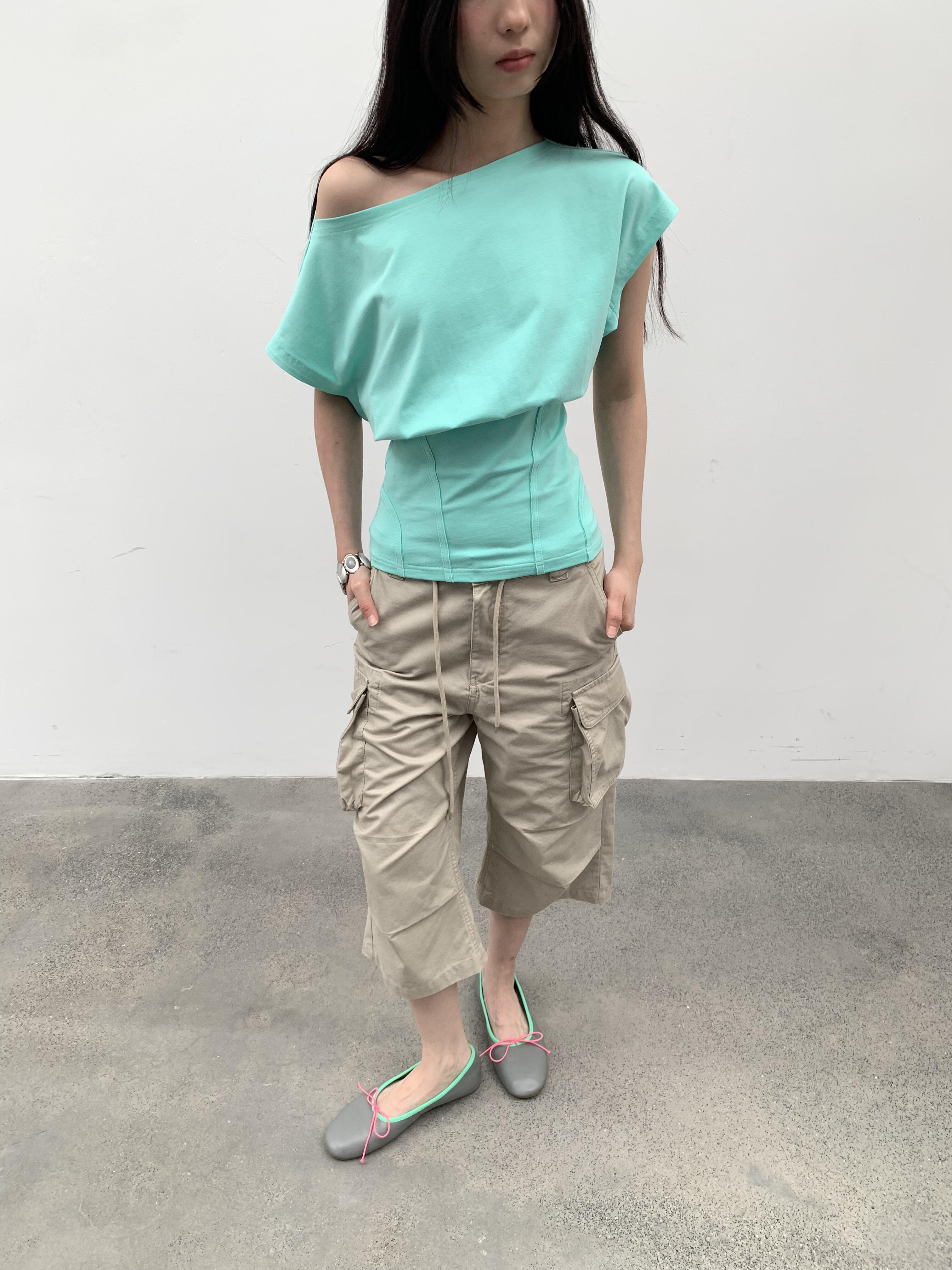 【DKZ】 HERRINGBONE OFF SHOULDER TOP - GRAY / MINT GREEN