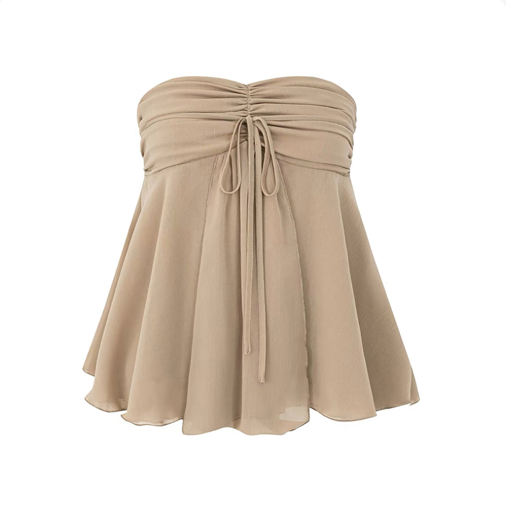 FLOWY CHIFFON STRAPLESS PLEATED TOP - BEIGE
