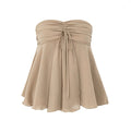 FLOWY CHIFFON STRAPLESS PLEATED TOP - BEIGE