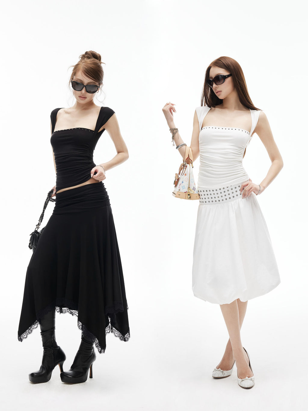 【IAMXIAA】 SILKY LYOCELL STUDDED OFF SHOULDER TOP - WHITE / BLACK