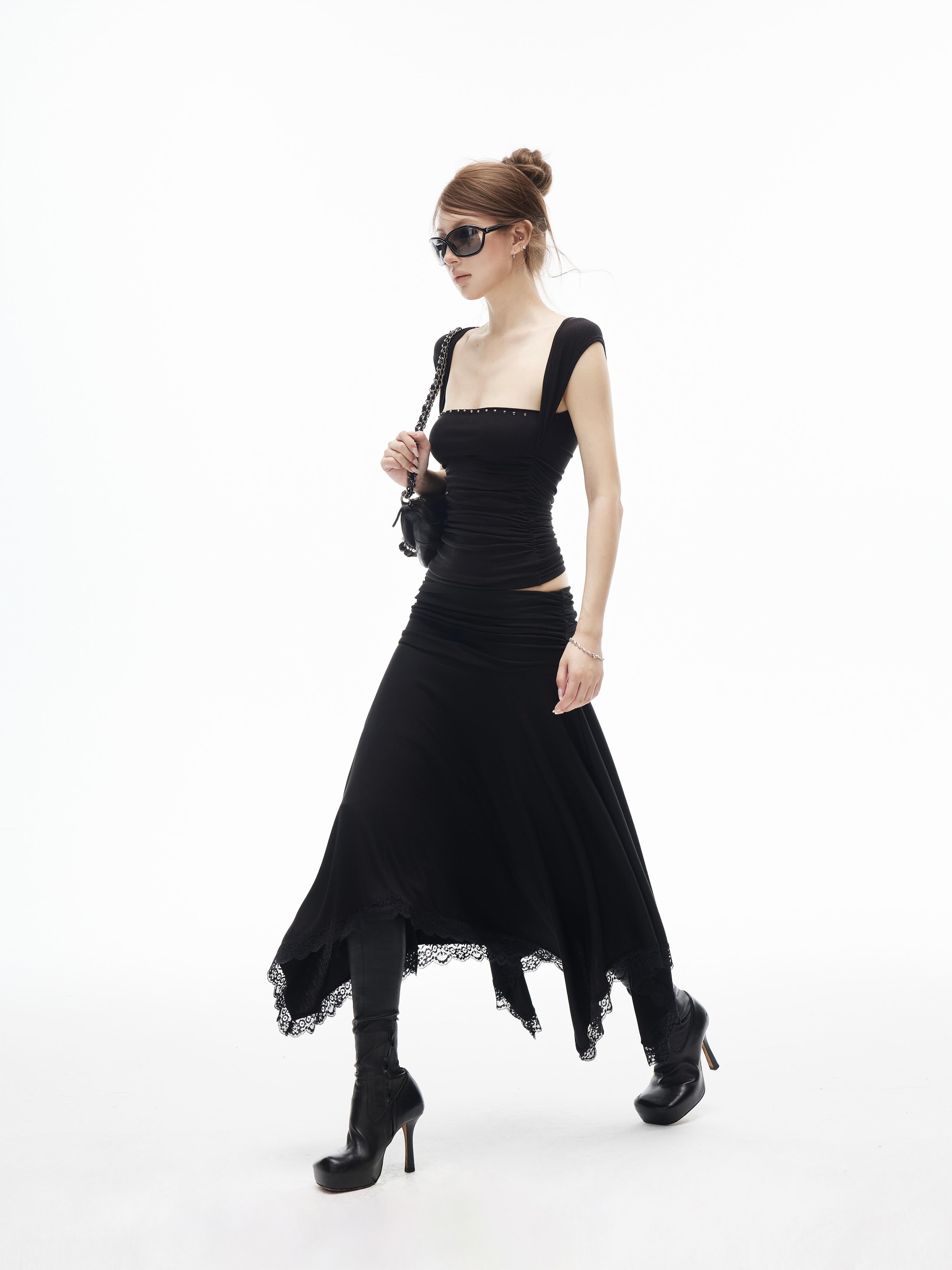 【IAMXIAA】 MODAL LOW RISE LACE TRIM MIDI SKIRT - BLACK