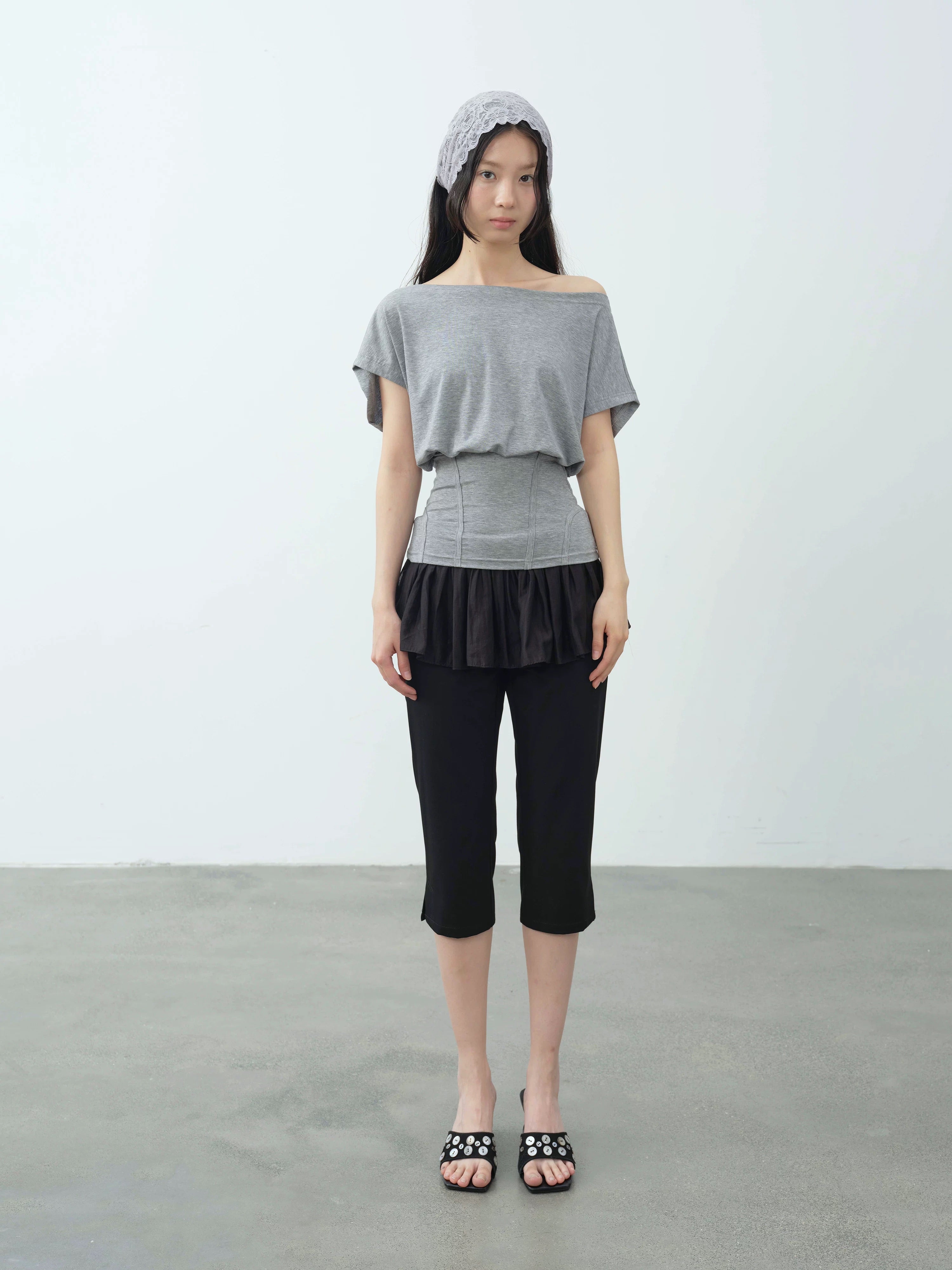 【DKZ】 HERRINGBONE OFF SHOULDER TOP - GRAY / MINT GREEN