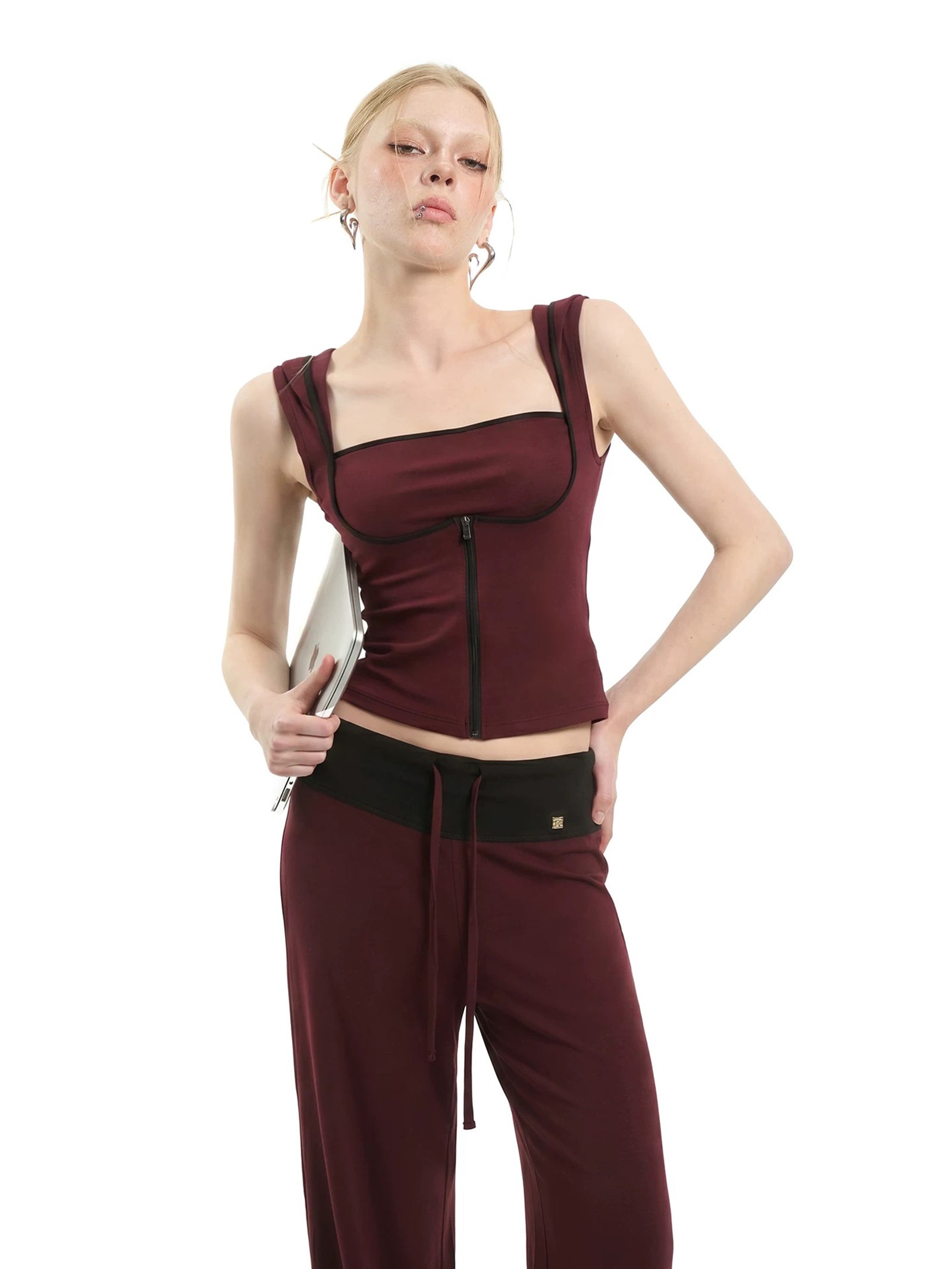 CITY GIRL WIDE LEG PANT SET - OLIVE / BURGUNDY