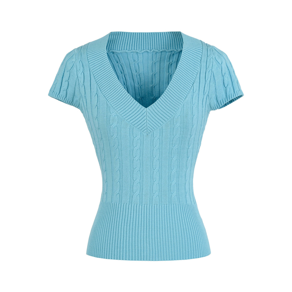 TIMELESS V NECK CABLE KNIT TOP - BLUE ATOLL
