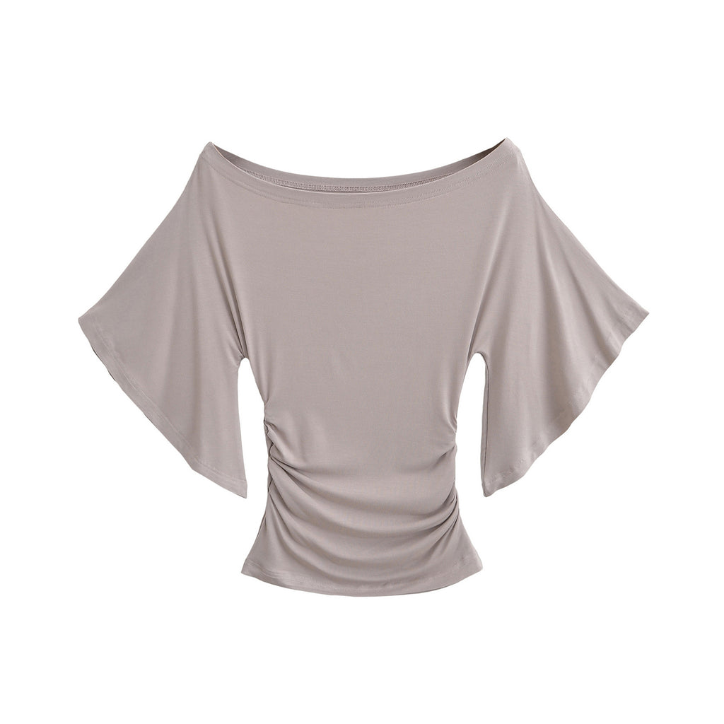 ROSE OFF SHOULDER BOAT NECK RUCHED TOP - KHAKI