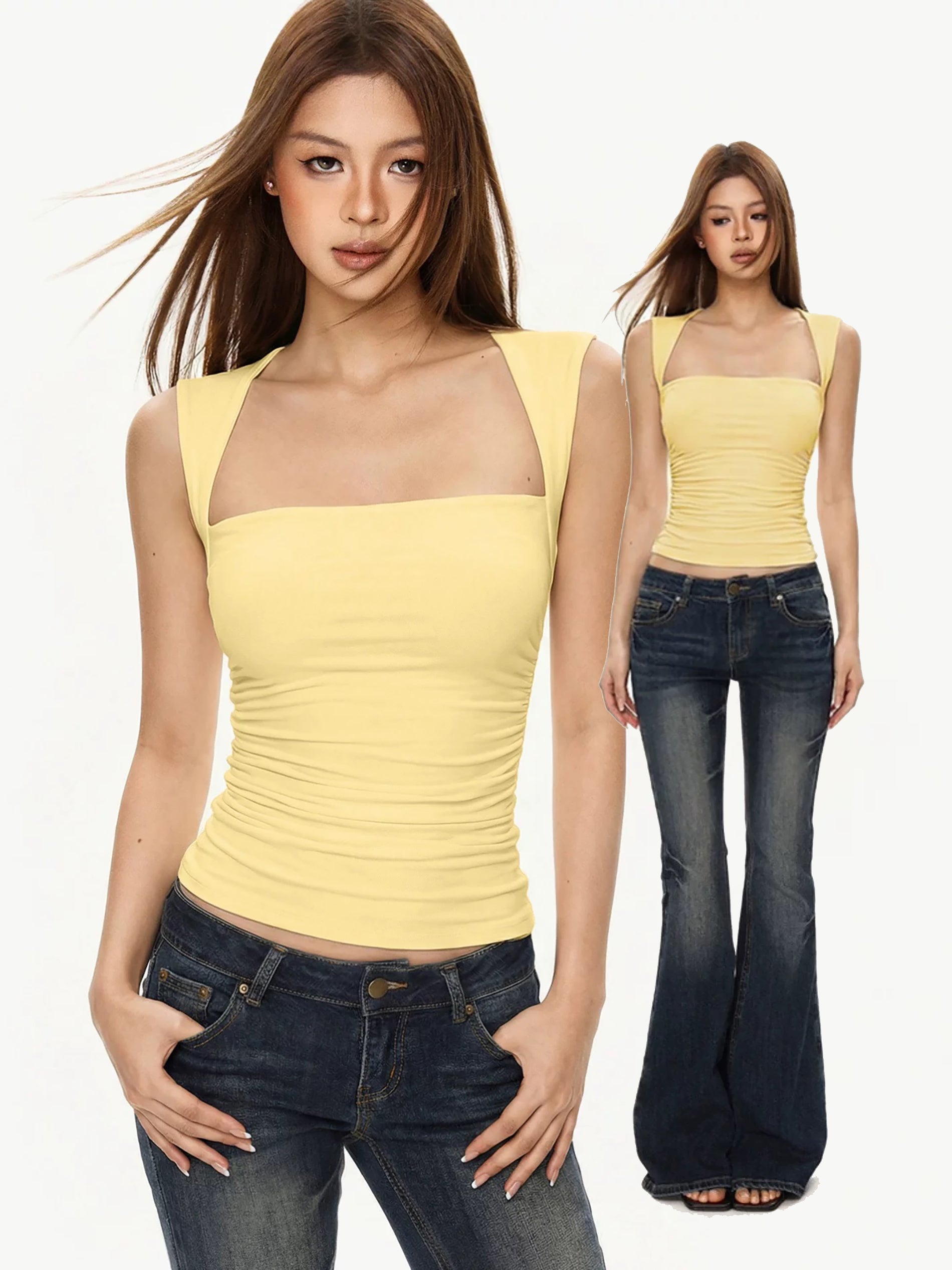 DIA SQUARE NECK SLEEVELESS TOP - YELLOW