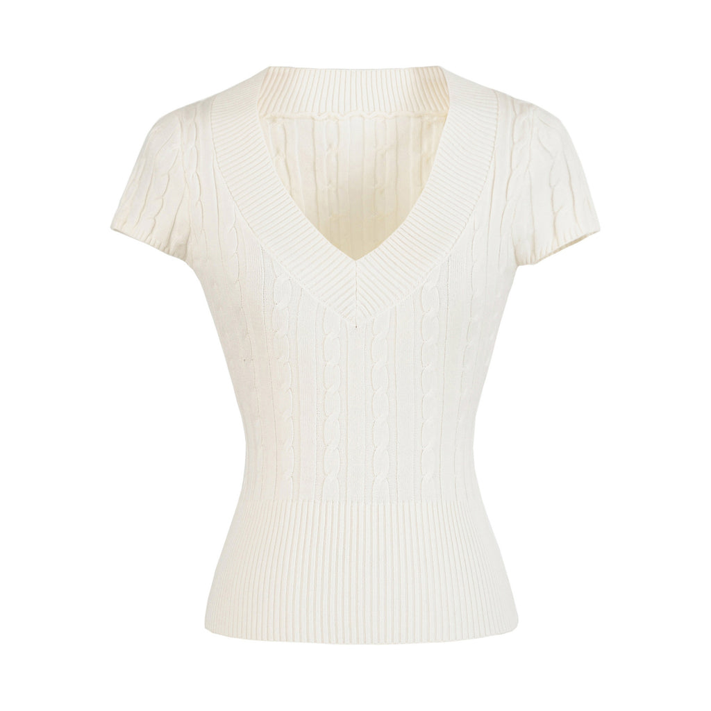 TIMELESS V NECK CABLE KNIT TOP - WHITE