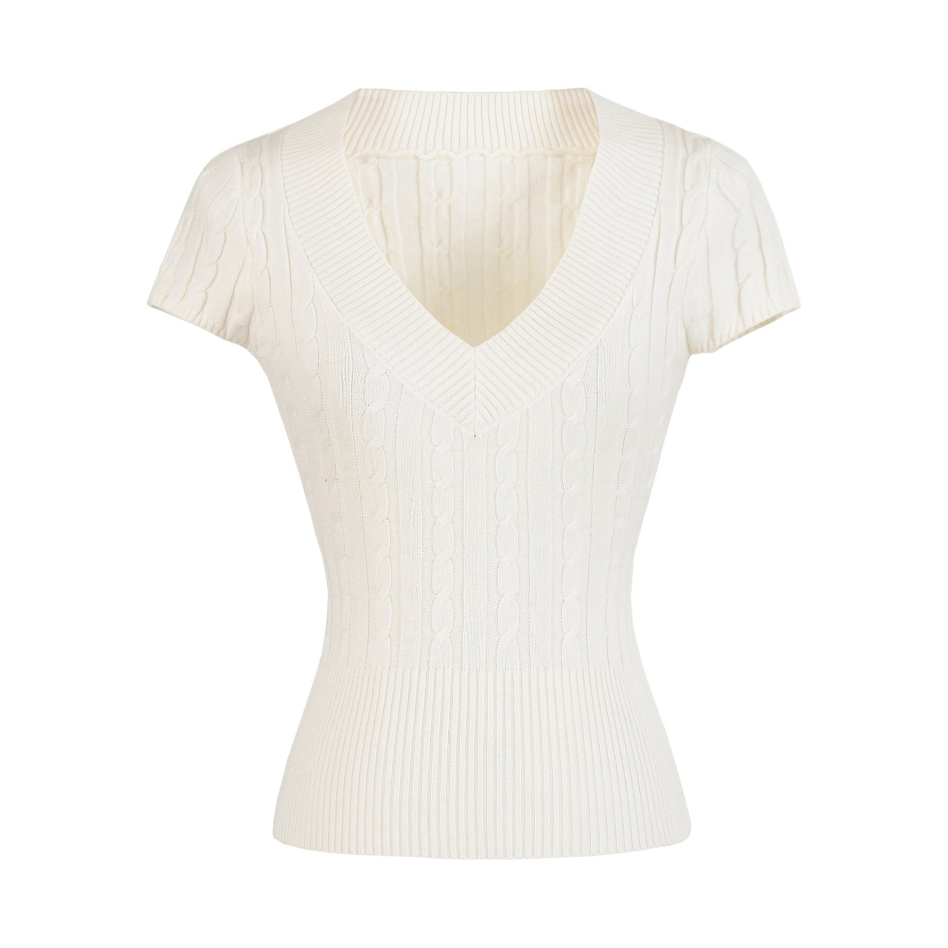 TIMELESS V NECK CABLE KNIT TOP - WHITE