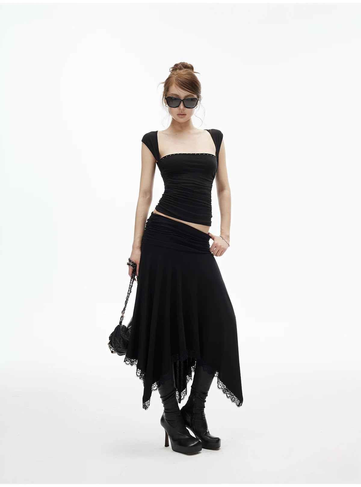 【IAMXIAA】 MODAL LOW RISE LACE TRIM MIDI SKIRT - BLACK