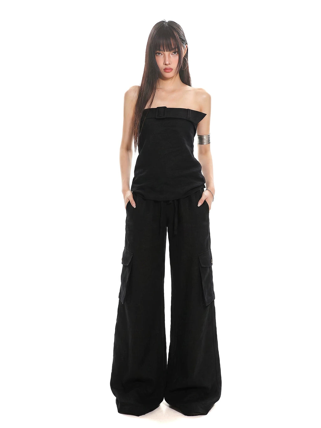 COLIN BELTED STRAPLESS TUBE TOP - BLACK