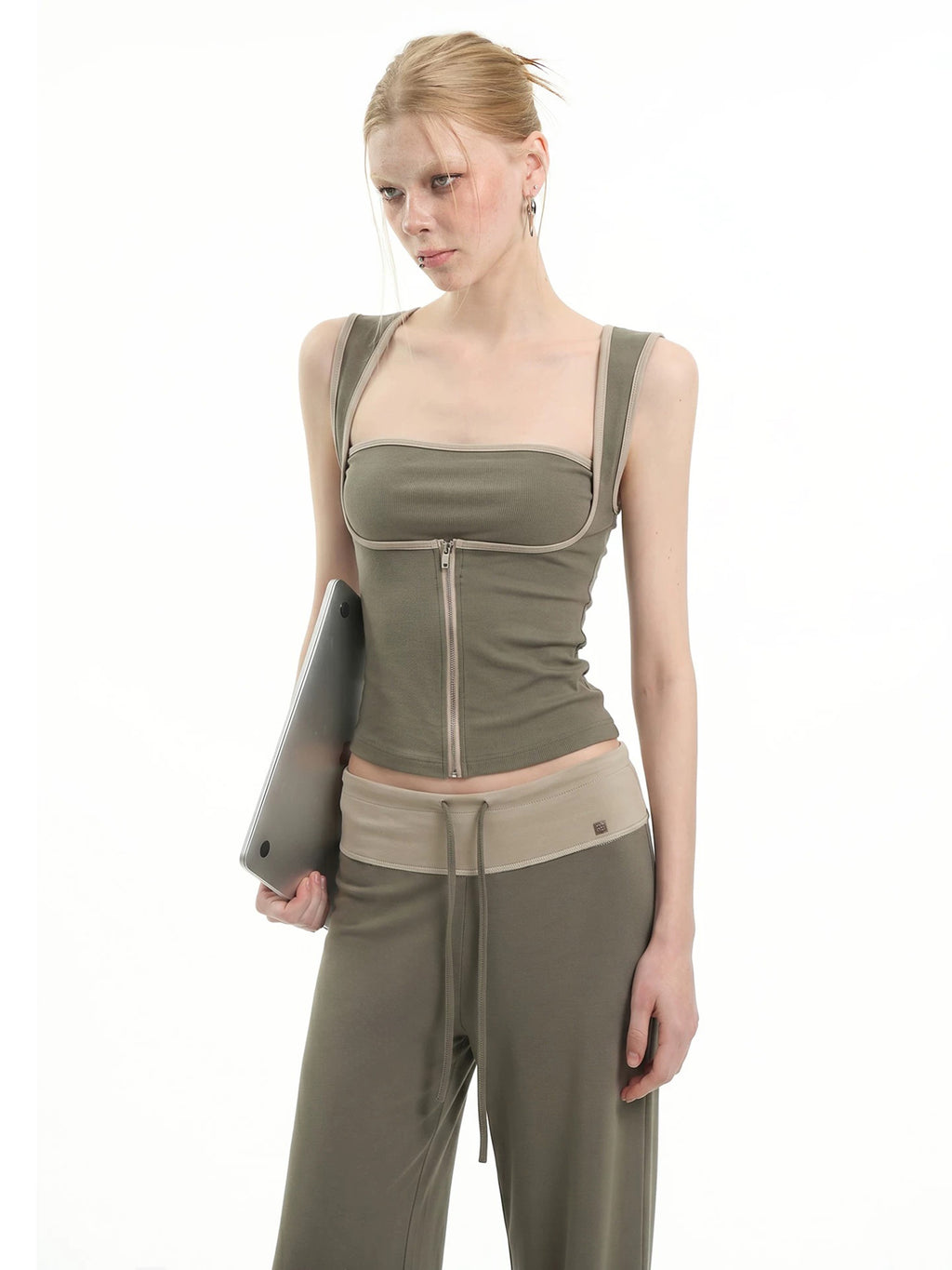CITY GIRL WIDE LEG PANT SET - OLIVE / BURGUNDY