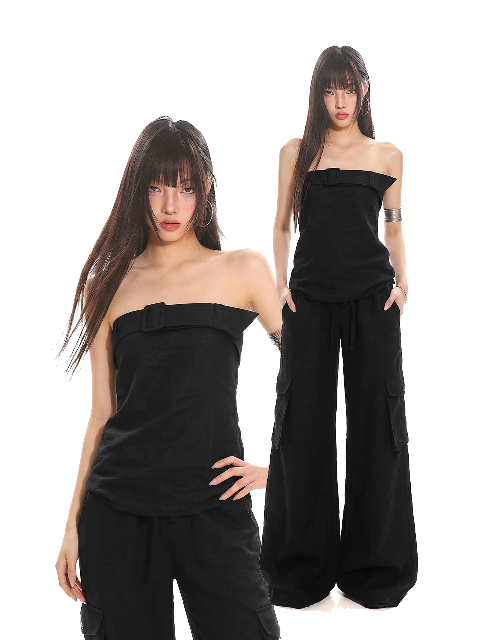 COLIN BELTED STRAPLESS TUBE TOP - BLACK