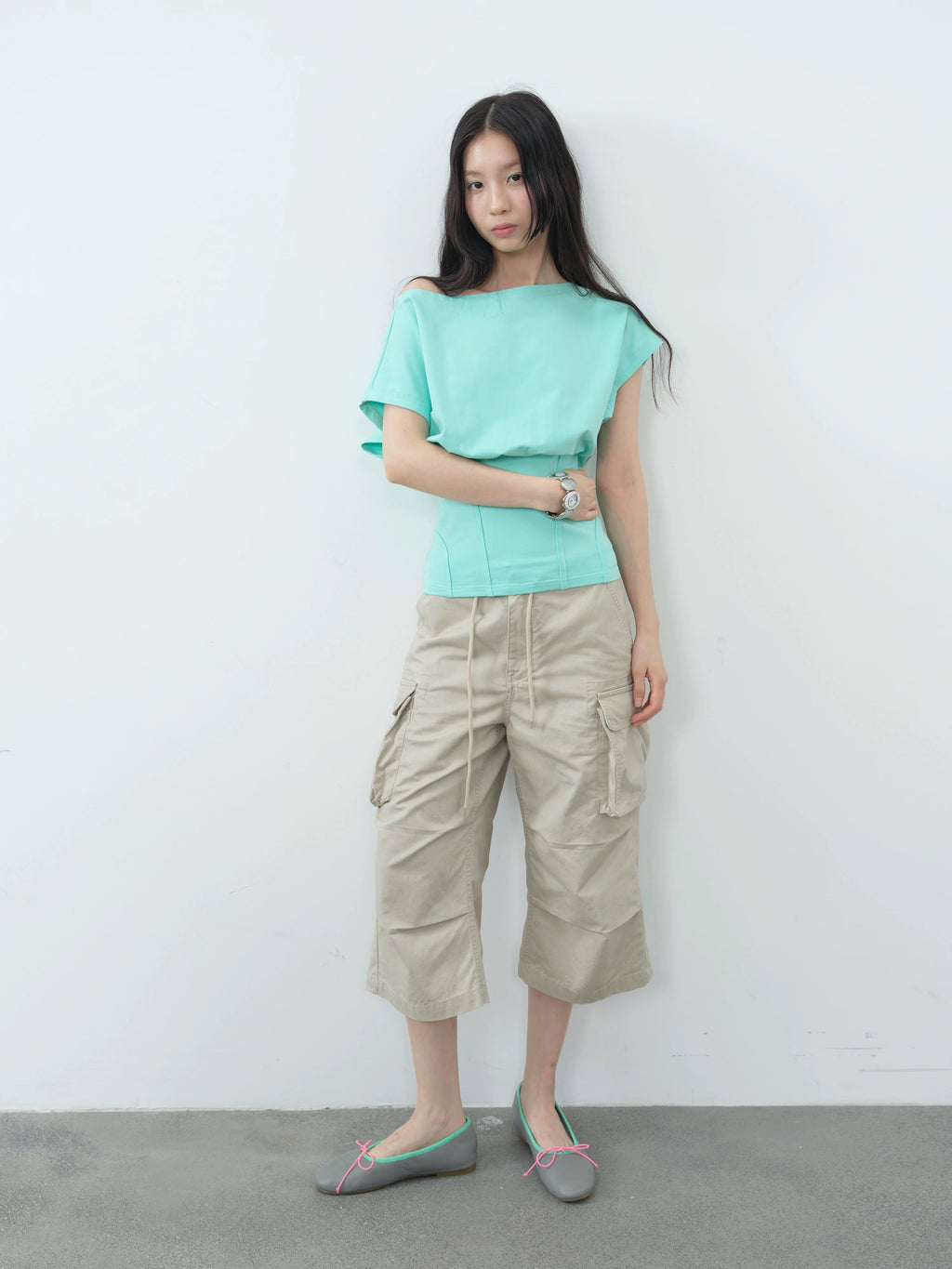 【DKZ】 HERRINGBONE OFF SHOULDER TOP - GRAY / MINT GREEN