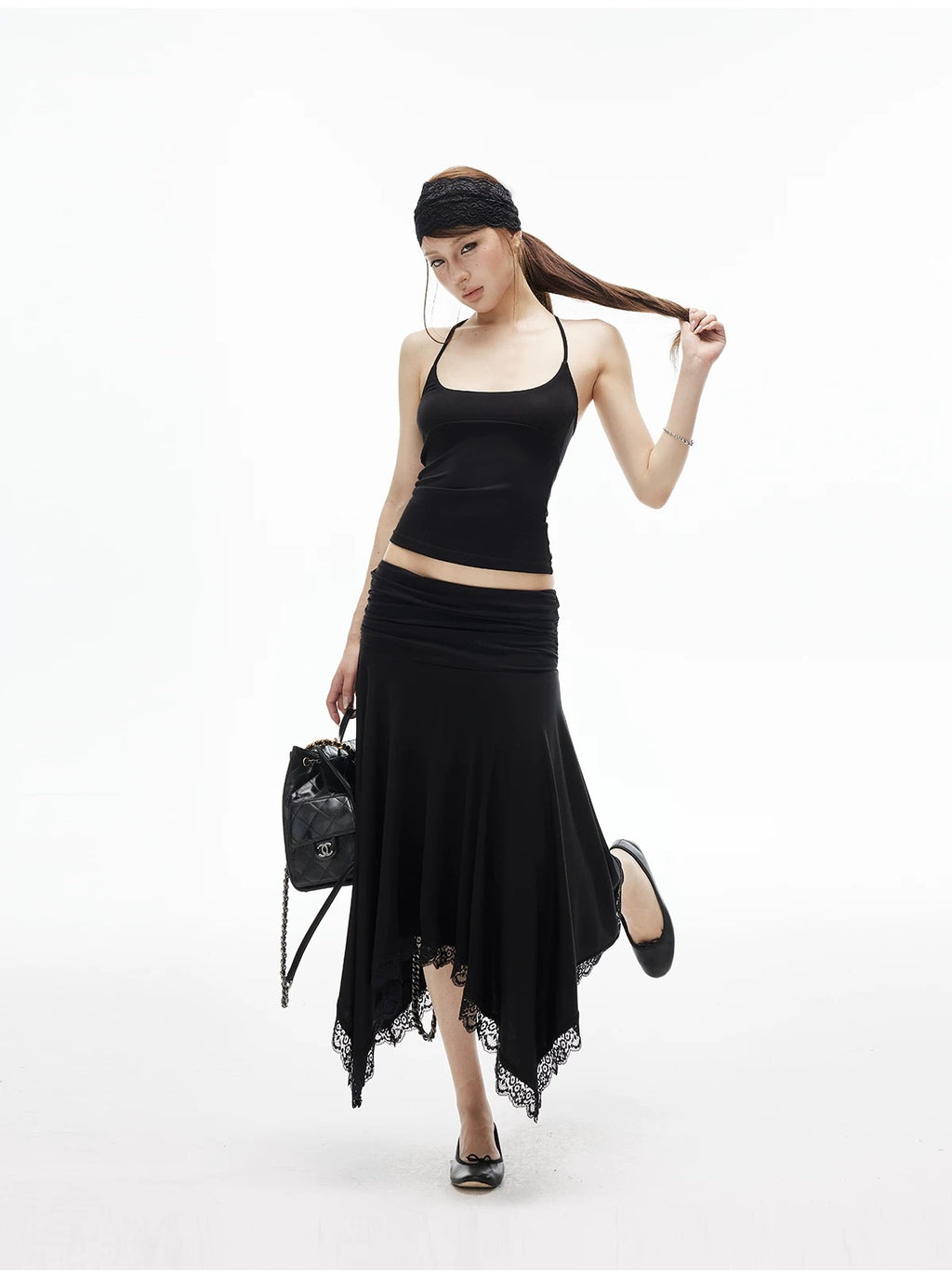 【IAMXIAA】 MODAL LOW RISE LACE TRIM MIDI SKIRT - BLACK