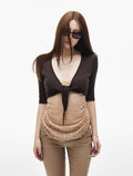 【IAMXIAA】 MERCERIZED WOOL V NECK CROPPED LAYERED CARDIGAN - DARK BROWN / BLACK