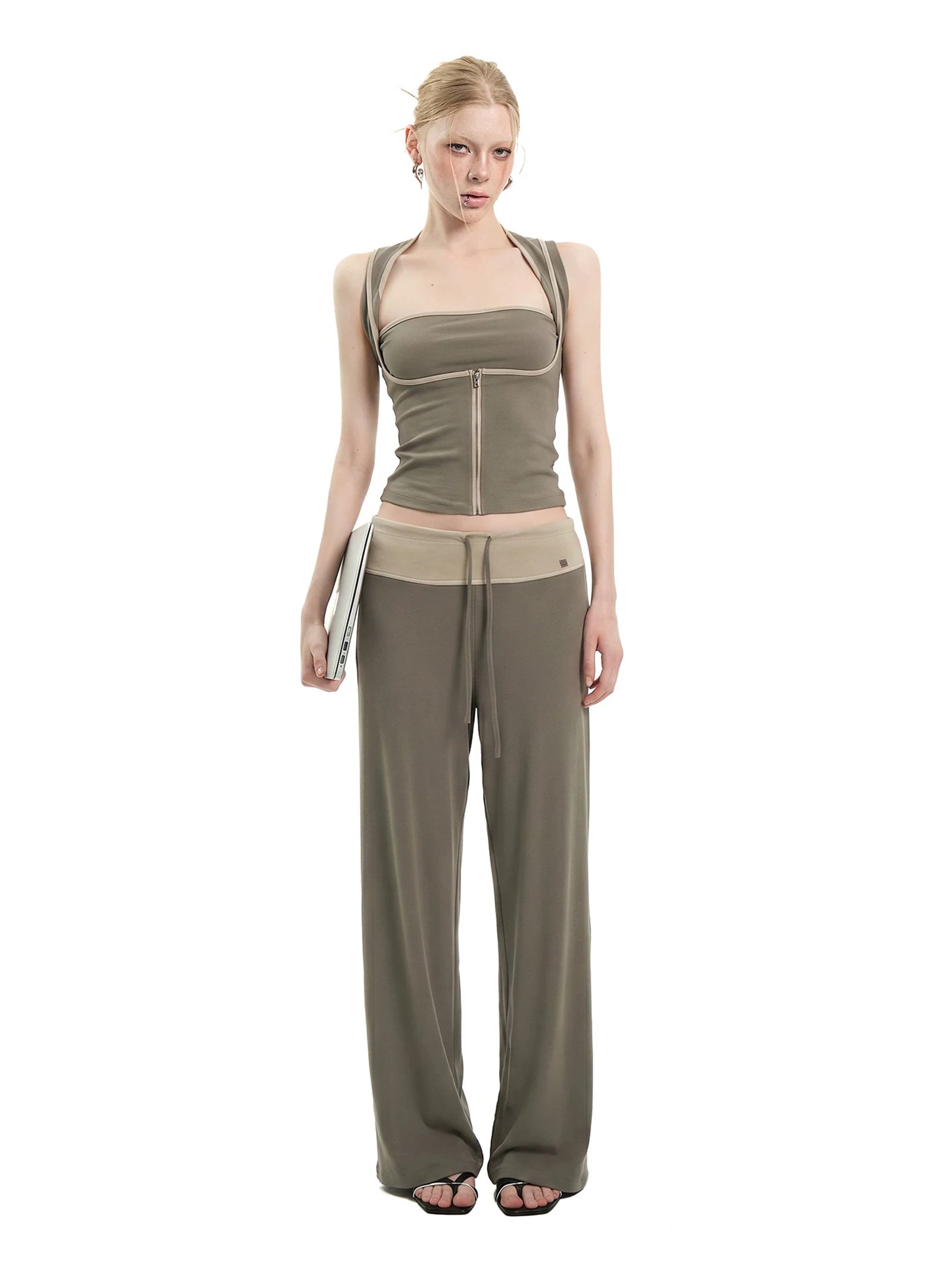 CITY GIRL WIDE LEG PANT SET - OLIVE / BURGUNDY