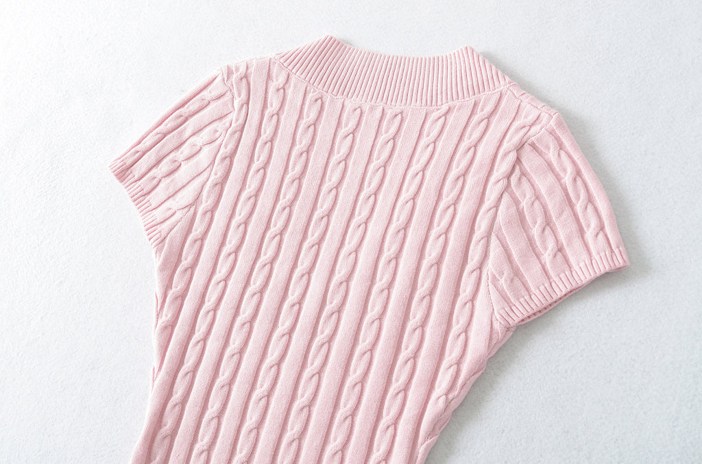 TIMELESS V NECK CABLE KNIT TOP - PINK