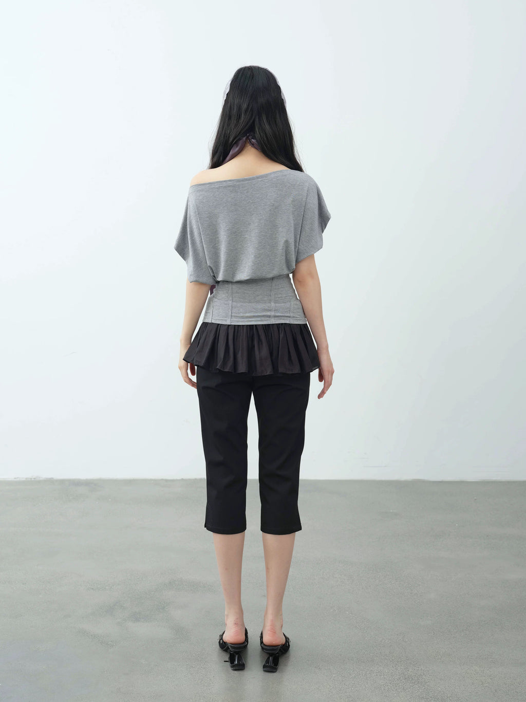 【DKZ】 HERRINGBONE OFF SHOULDER TOP - GRAY / MINT GREEN