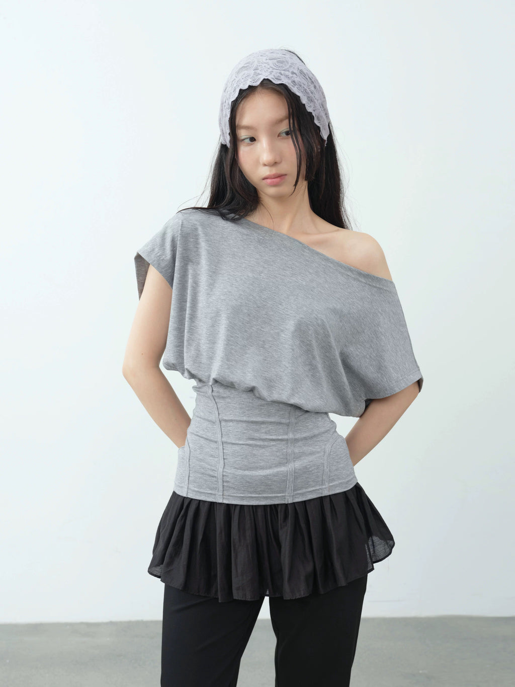 【DKZ】 HERRINGBONE OFF SHOULDER TOP - GRAY / MINT GREEN