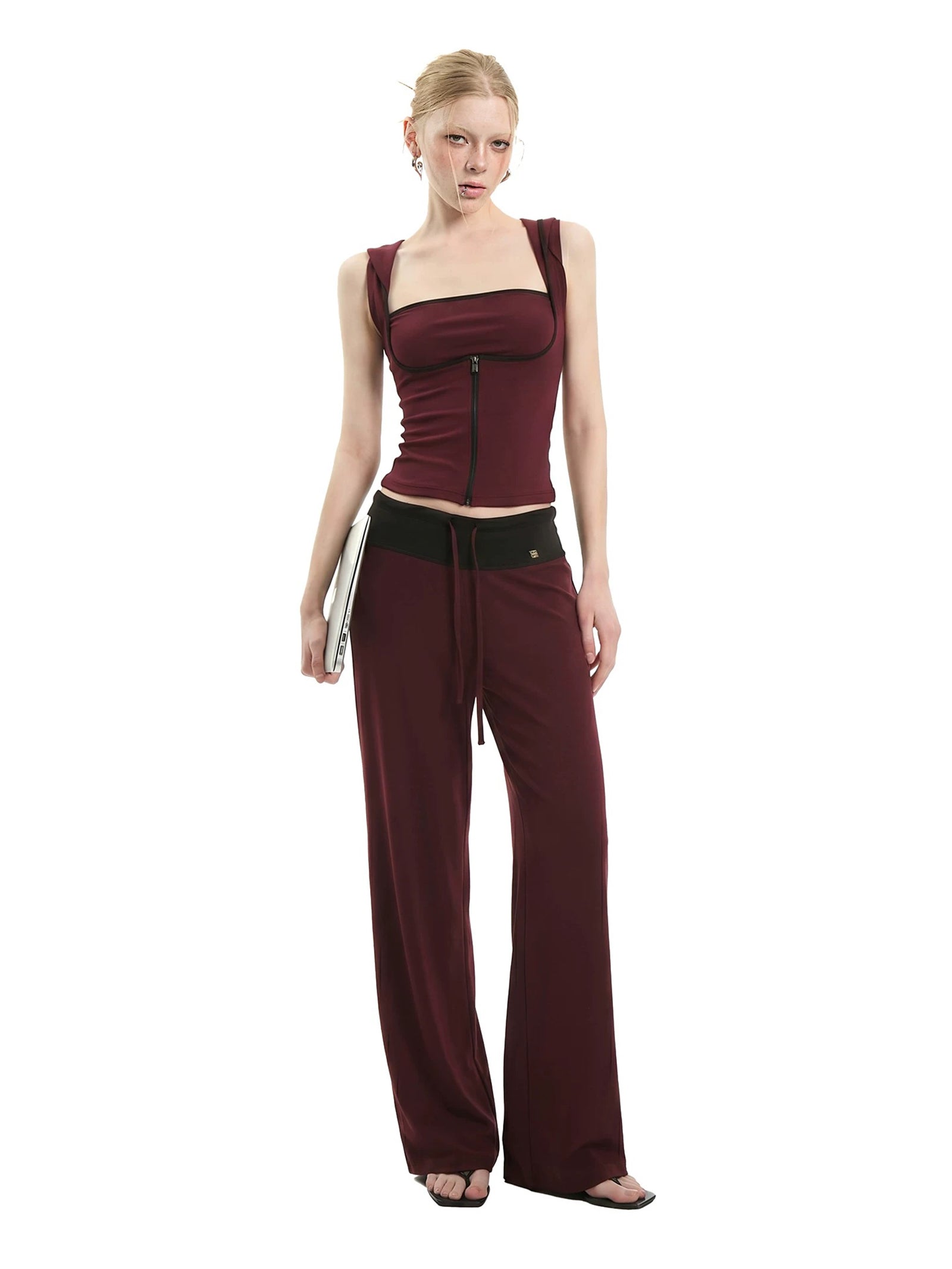 CITY GIRL WIDE LEG PANT SET - OLIVE / BURGUNDY