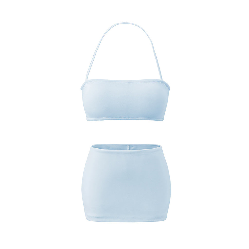 EYES ON ME STRAPLESS HALTER TOP & MINI SKORT SET - BABY BLUE