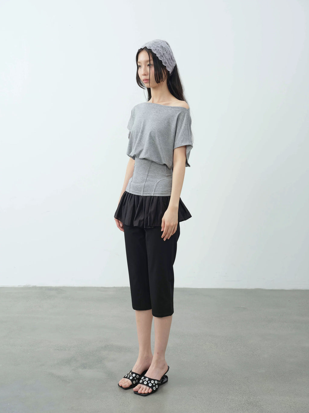 【DKZ】 HERRINGBONE OFF SHOULDER TOP - GRAY / MINT GREEN
