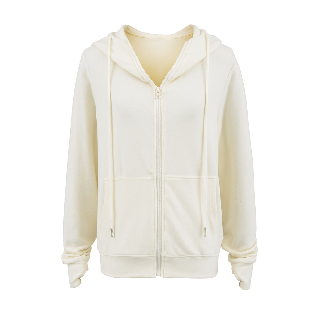 MINIMALIST FLEECE ZIP UP HOODIE - CREAM