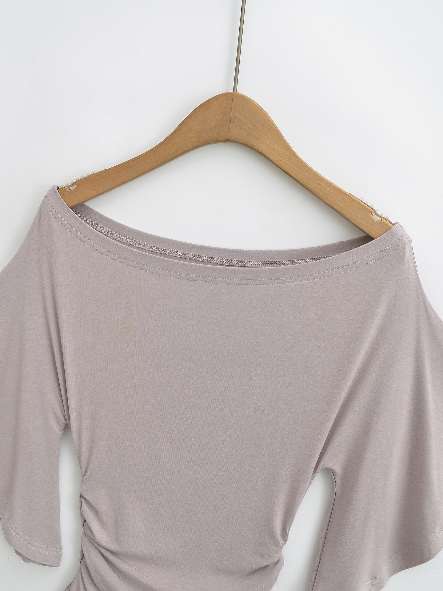 ROSE OFF SHOULDER BOAT NECK RUCHED TOP - KHAKI
