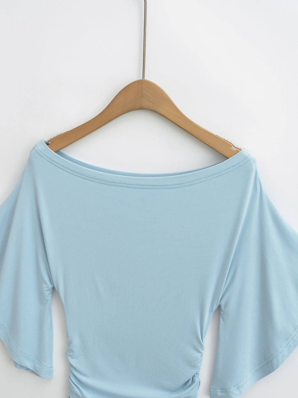 ROSE OFF SHOULDER BOAT NECK RUCHED TOP - LIGHT BLUE