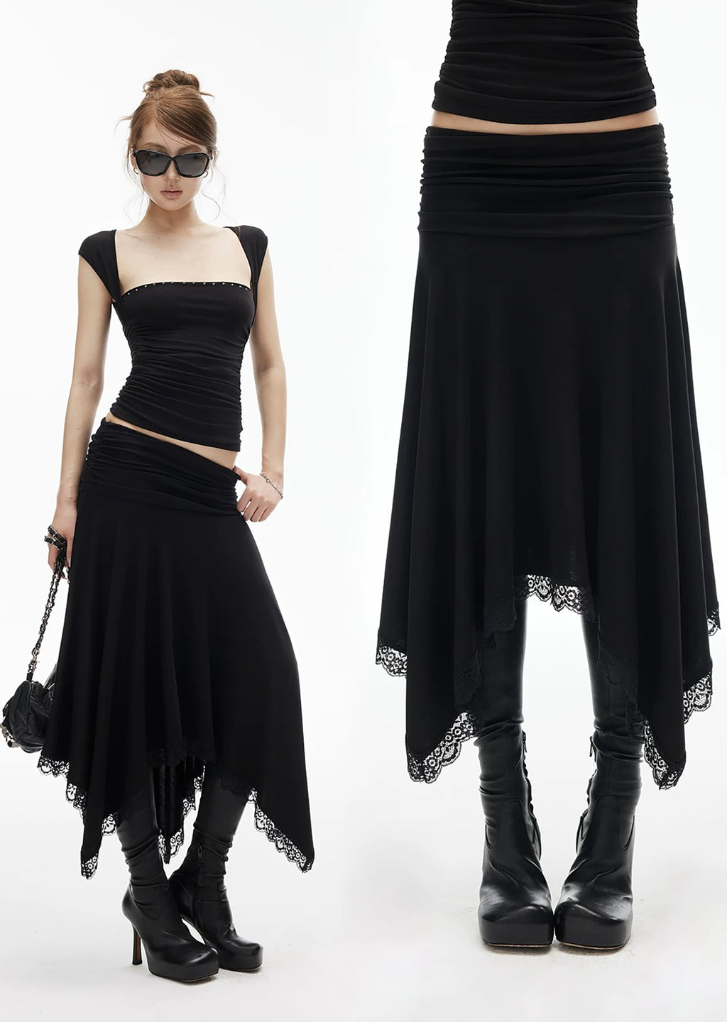 【IAMXIAA】 MODAL LOW RISE LACE TRIM MIDI SKIRT - BLACK