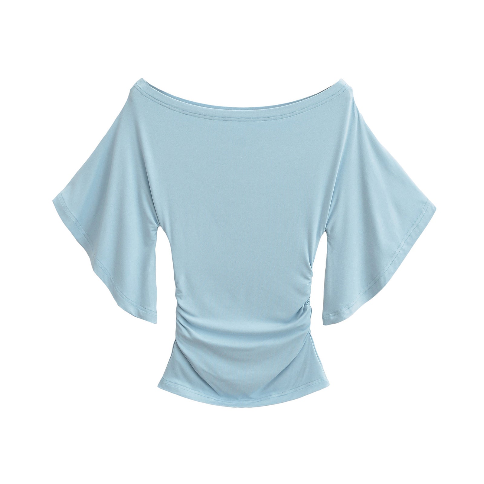 ROSE OFF SHOULDER BOAT NECK RUCHED TOP - LIGHT BLUE